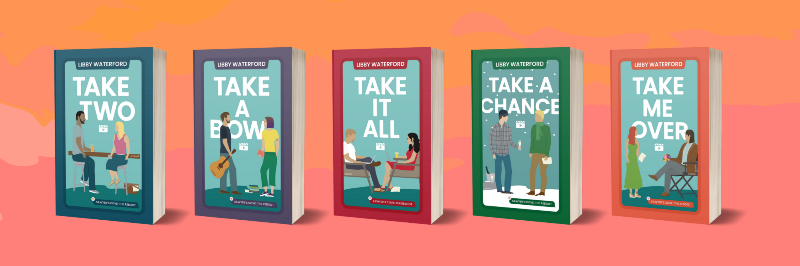 five covers of the Sawyer's Cove: The Reboot series on an orange background