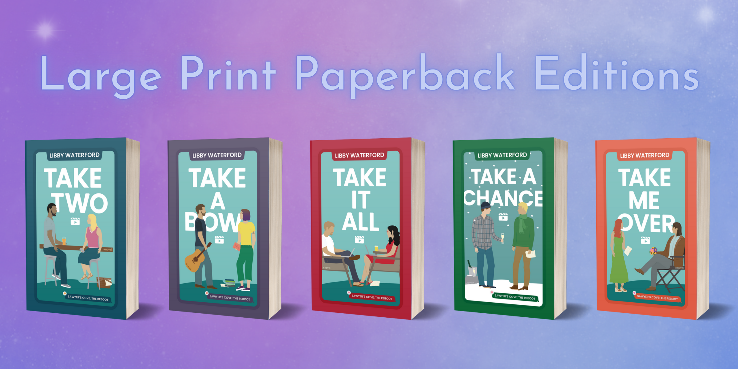 Large print paperback editions five book covers in a row