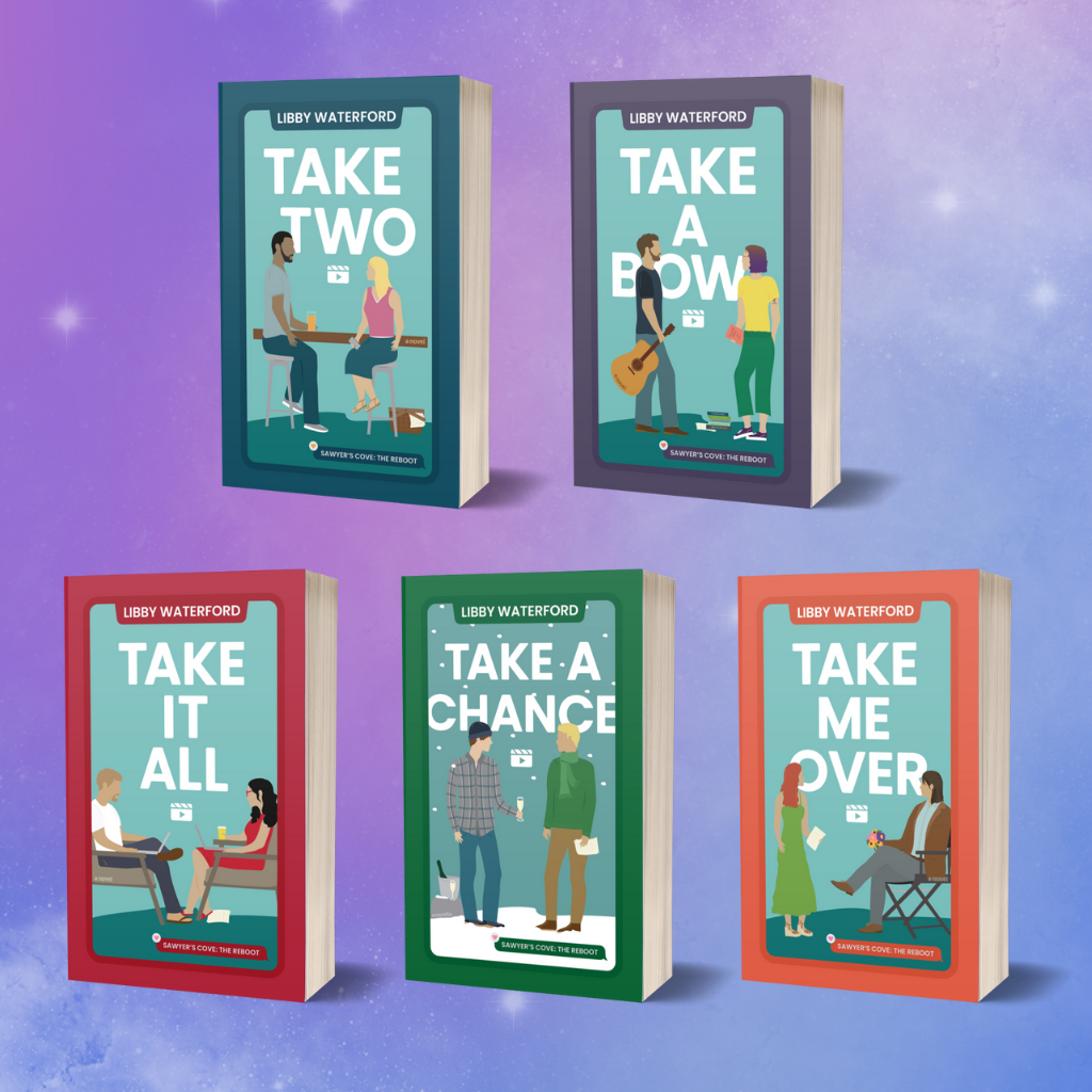 five covers of the Sawyer's Cove the reboot books on a purple background